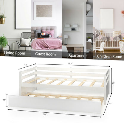 Space Saving Twin Daybed with Pull Out Trundle and Sturdy Wood Slat Frame - White