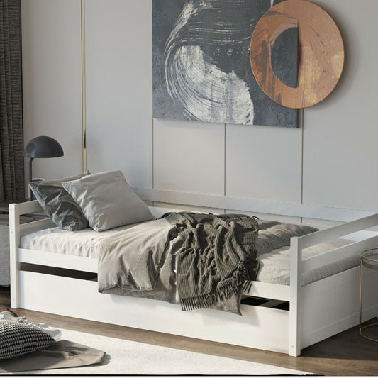 Space Saving Twin Daybed with Pull Out Trundle and Sturdy Wood Slat Frame - White