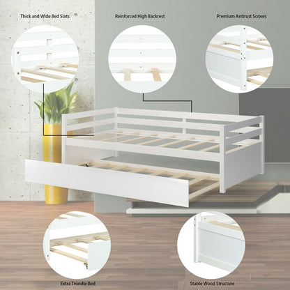 Space Saving Twin Daybed with Pull Out Trundle and Sturdy Wood Slat Frame - White