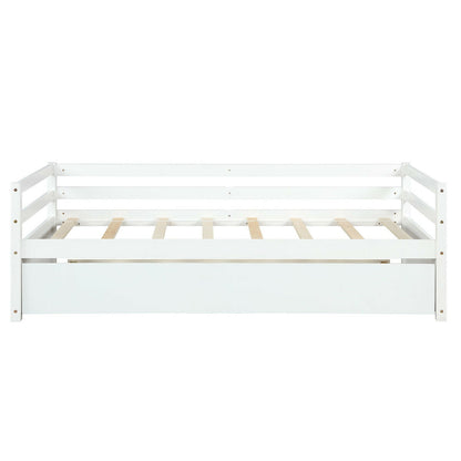 Space Saving Twin Daybed with Pull Out Trundle and Sturdy Wood Slat Frame - White