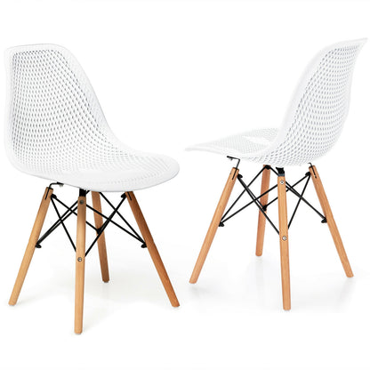 Set of 2 Modern Plastic Hollow Dining Chairs with Wooden Legs for Home and Office - White