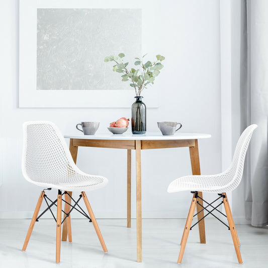 Set of 2 Modern Plastic Hollow Dining Chairs with Wooden Legs for Home and Office - White