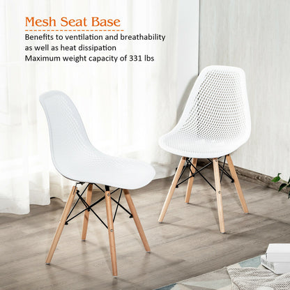 Set of 2 Modern Plastic Hollow Dining Chairs with Wooden Legs for Home and Office - White