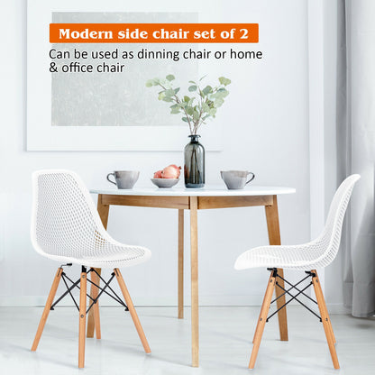 Set of 2 Modern Plastic Hollow Dining Chairs with Wooden Legs for Home and Office - White