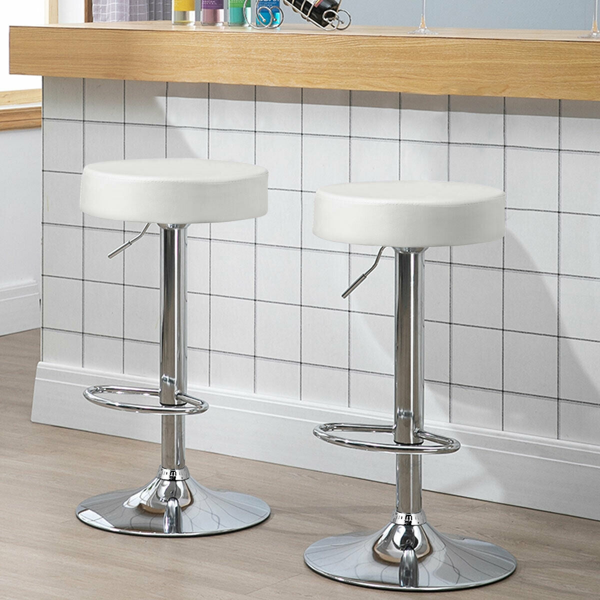 Adjustable Swivel Round Bar Stool with PU Leather Seat and Chrome Base - White