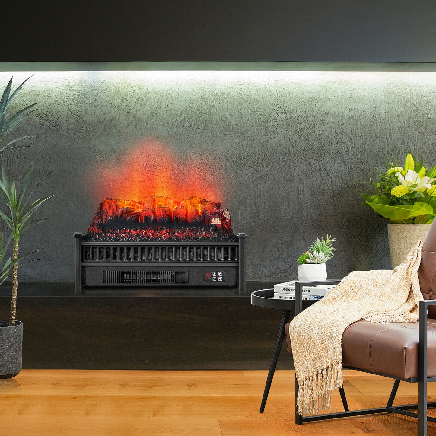 1400W Electric Log Fireplace Heater with Adjustable Flame Brightness