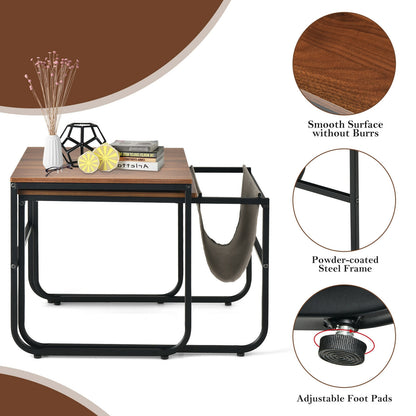 Rustic Brown Nesting Coffee Table Set with Side Pocket and Space Saving Design