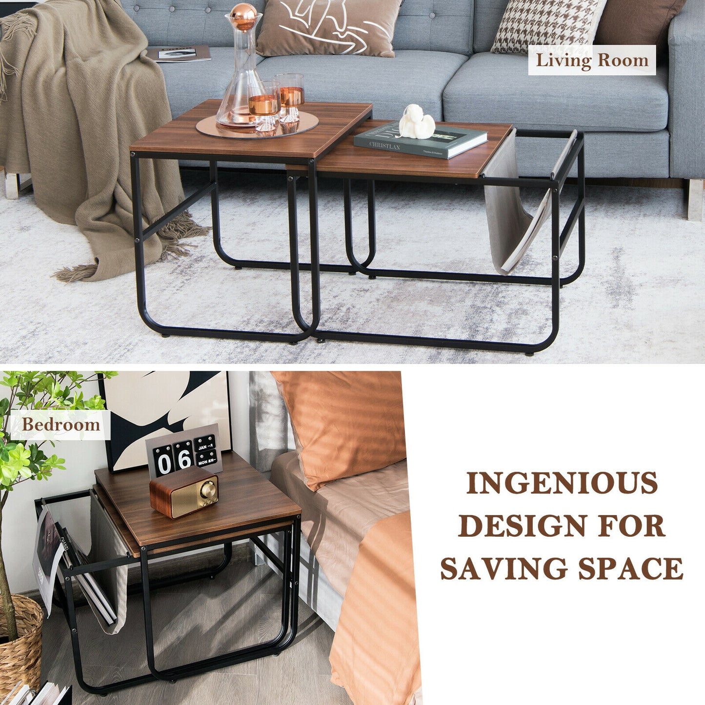 Rustic Brown Nesting Coffee Table Set with Side Pocket and Space Saving Design