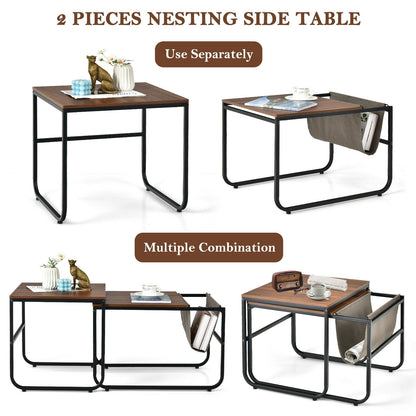Rustic Brown Nesting Coffee Table Set with Side Pocket and Space Saving Design