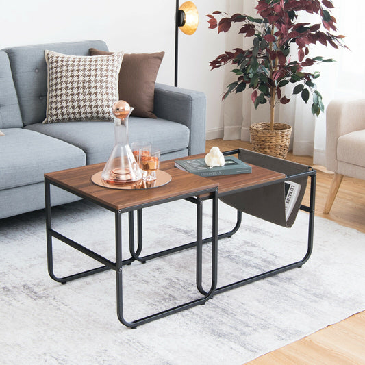 Rustic Brown Nesting Coffee Table Set with Side Pocket and Space Saving Design