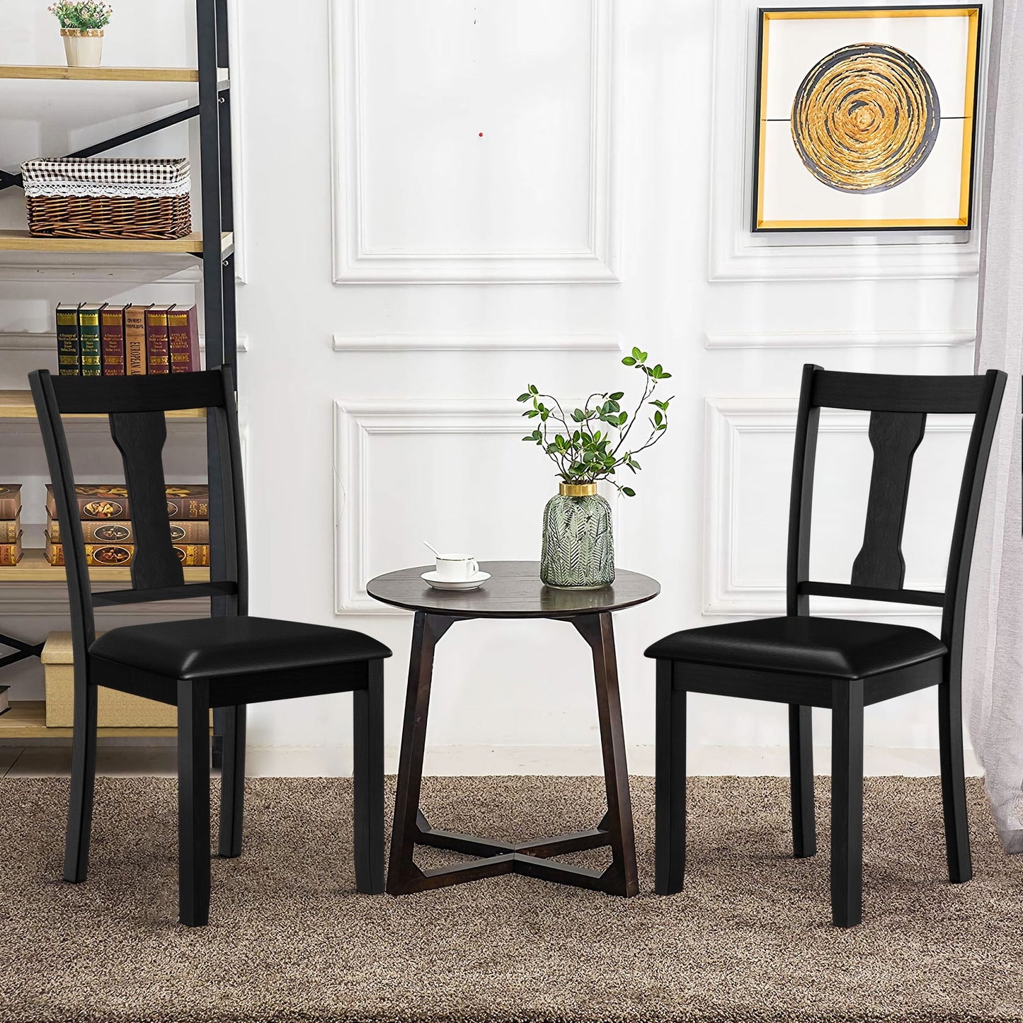 Set of 2 Upholstered Dining Chairs with Rubber Wood Frame and Comfortable Padded Seat - Black