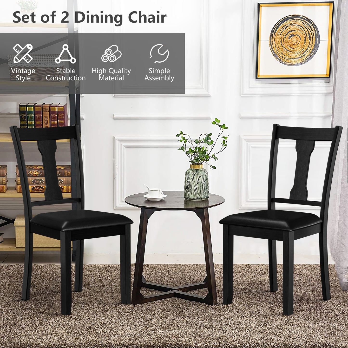 Set of 2 Upholstered Dining Chairs with Rubber Wood Frame and Comfortable Padded Seat - Black