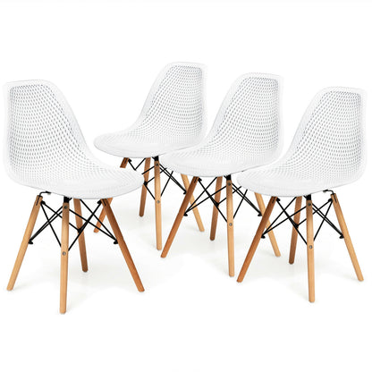 Set of 4 Modern Plastic Hollow Dining Chairs with Wooden Legs for Home and Office - White