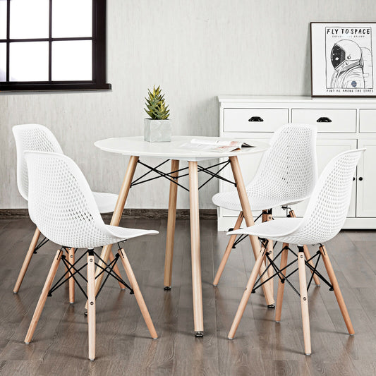 Set of 4 Modern Plastic Hollow Dining Chairs with Wooden Legs for Home and Office - White