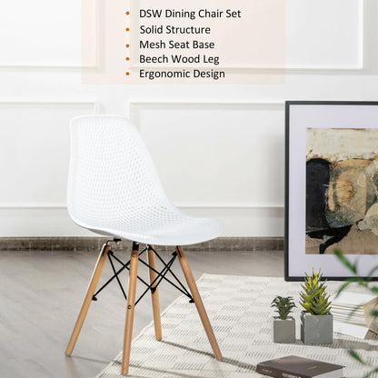 Set of 4 Modern Plastic Hollow Dining Chairs with Wooden Legs for Home and Office - White
