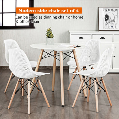 Set of 4 Modern Plastic Hollow Dining Chairs with Wooden Legs for Home and Office - White