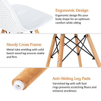 Set of 4 Modern Plastic Hollow Dining Chairs with Wooden Legs for Home and Office - White