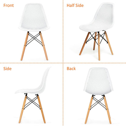 Set of 4 Modern Plastic Hollow Dining Chairs with Wooden Legs for Home and Office - White