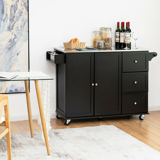 Kitchen Island with Stainless Steel Countertop 2-Door Cabinet and Drawers for Storage - Black