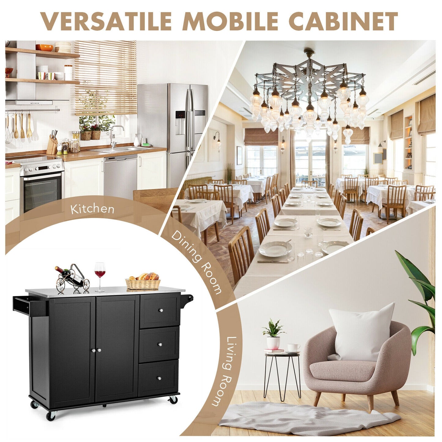 Kitchen Island with Stainless Steel Countertop 2-Door Cabinet and Drawers for Storage - Black