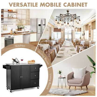 Kitchen Island with Stainless Steel Countertop 2-Door Cabinet and Drawers for Storage - Black