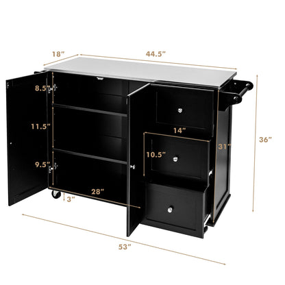 Kitchen Island with Stainless Steel Countertop 2-Door Cabinet and Drawers for Storage - Black