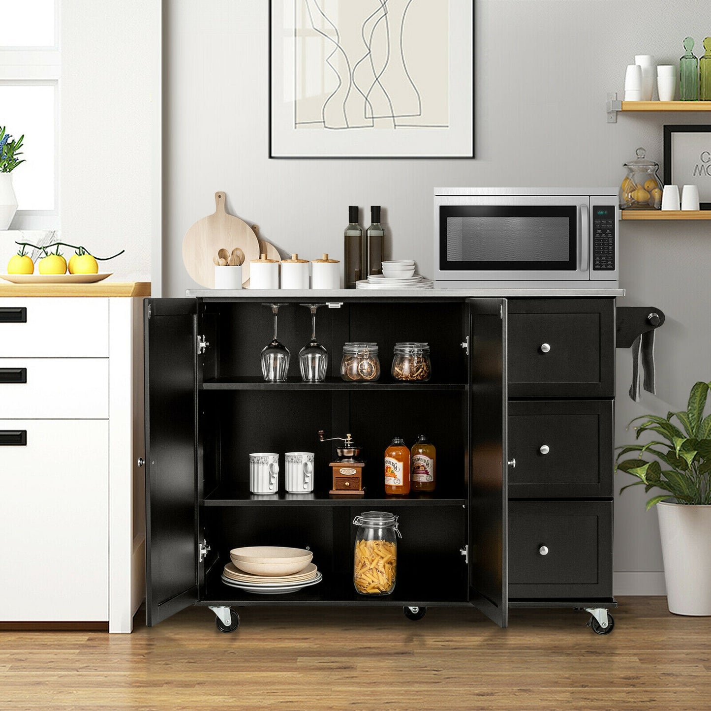 Kitchen Island with Stainless Steel Countertop 2-Door Cabinet and Drawers for Storage - Black