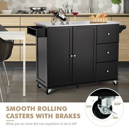 Kitchen Island with Stainless Steel Countertop 2-Door Cabinet and Drawers for Storage - Black