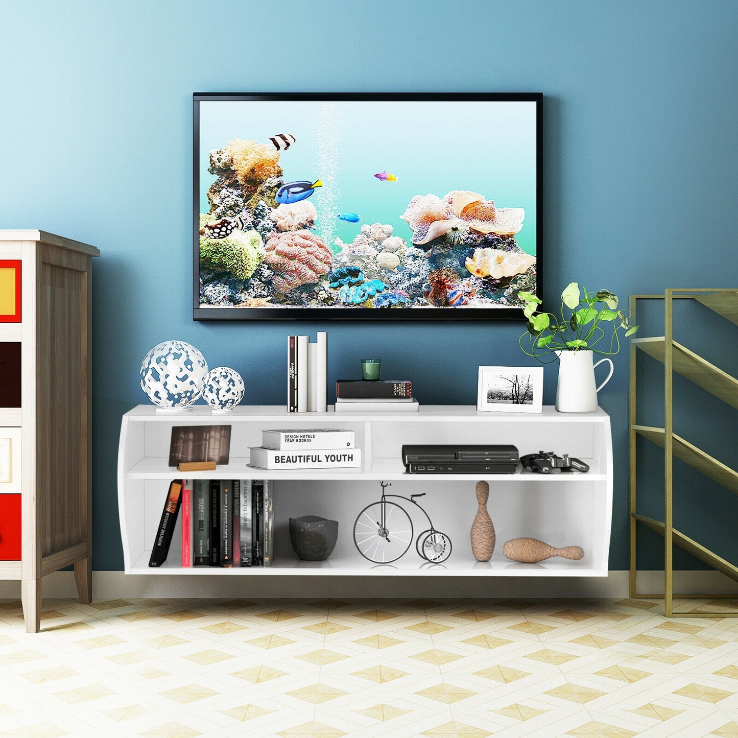 Sleek Wall Mounted Display and Storage Shelf with Open Tiers – White
