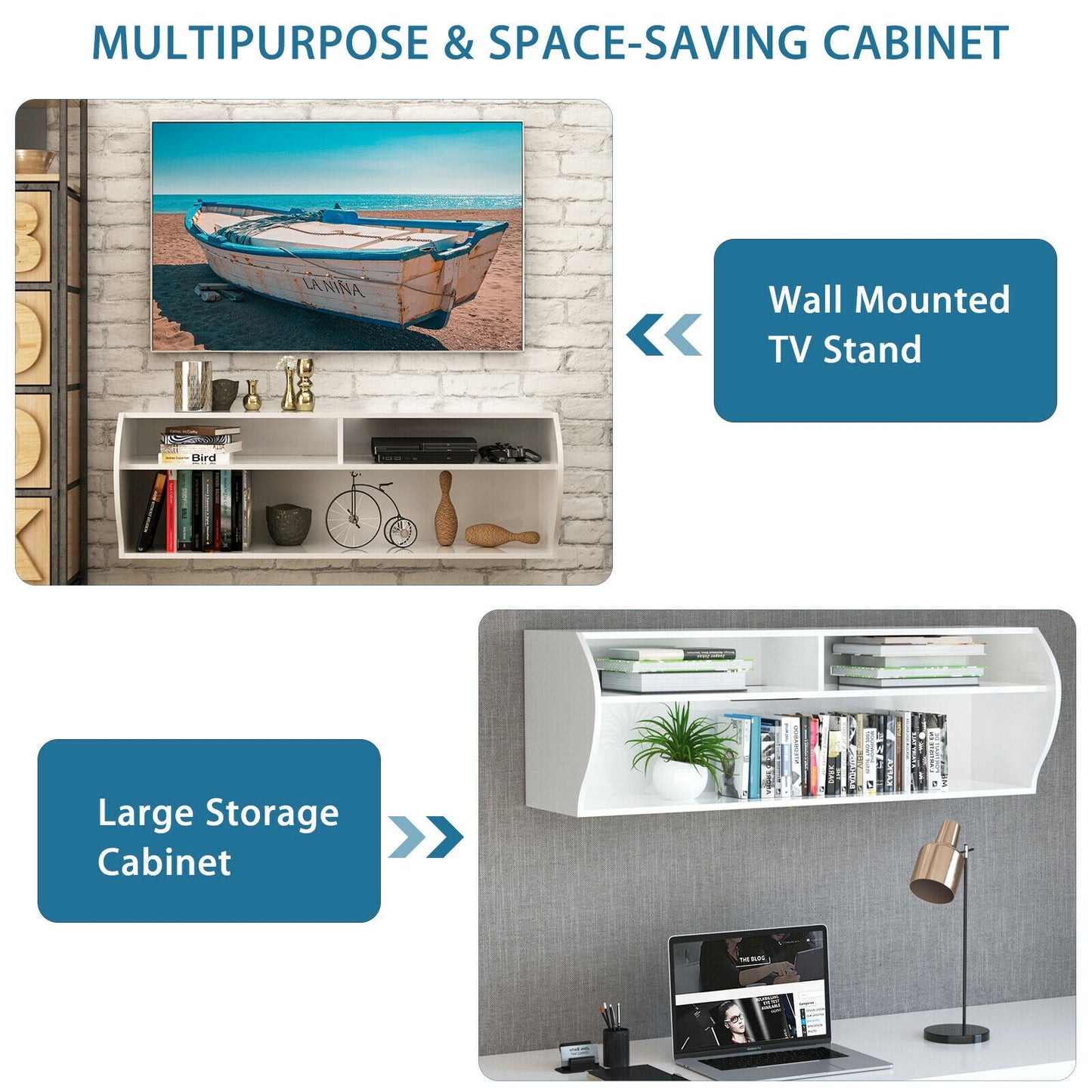 Sleek Wall Mounted Display and Storage Shelf with Open Tiers – White