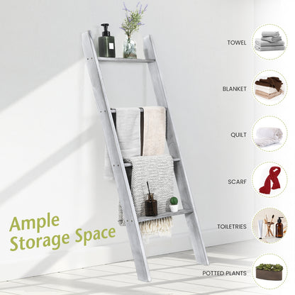 4 Tier Pine Wood Blanket Ladder with Non-Slip Feet for Stylish Storage
