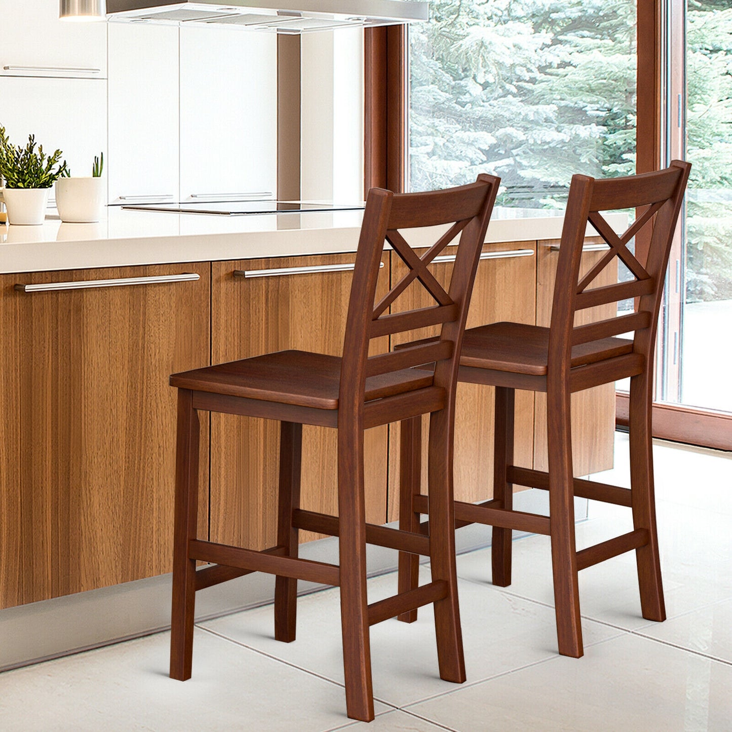 Set of 2 Counter Height Bar Stools 25 Inch with Rubber Wood Legs and Ergonomic Backrest