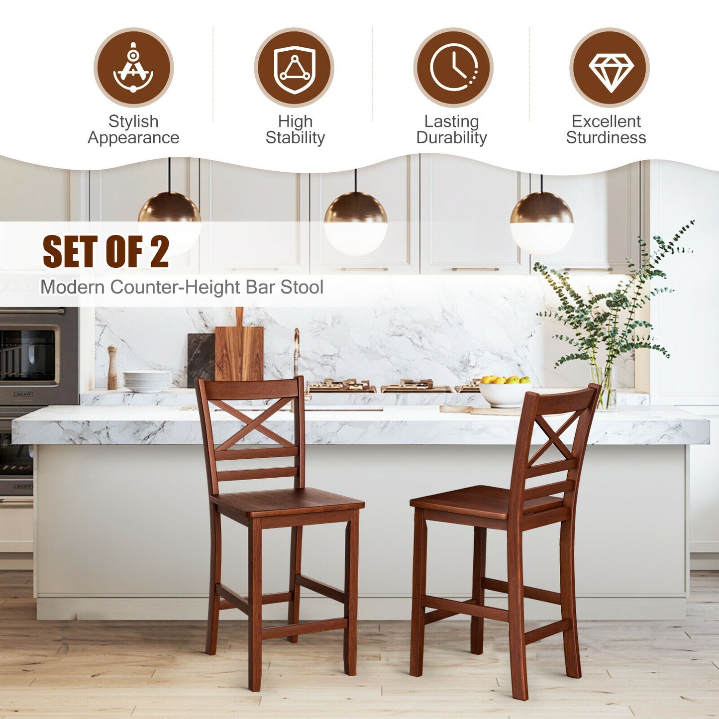 Set of 2 Counter Height Bar Stools 25 Inch with Rubber Wood Legs and Ergonomic Backrest