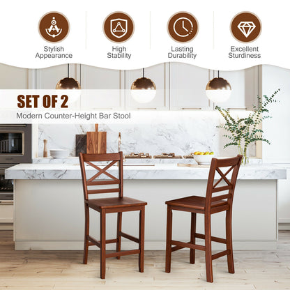 Set of 2 Counter Height Bar Stools 25 Inch with Rubber Wood Legs and Ergonomic Backrest