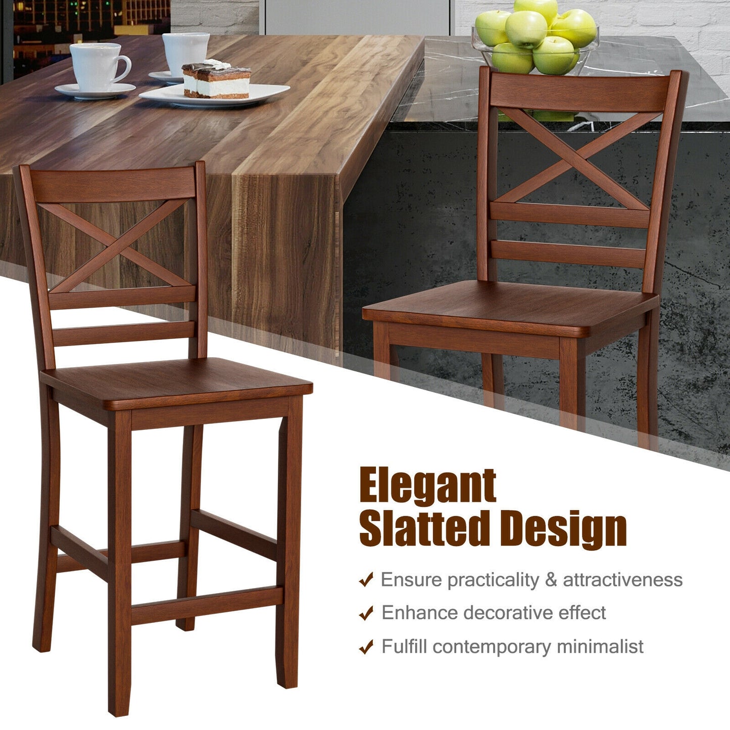 Set of 2 Counter Height Bar Stools 25 Inch with Rubber Wood Legs and Ergonomic Backrest