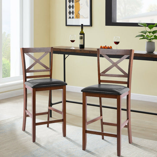 Set of 2 Counter Height Bar Stools with PU Leather Seat and Wooden X Backrest