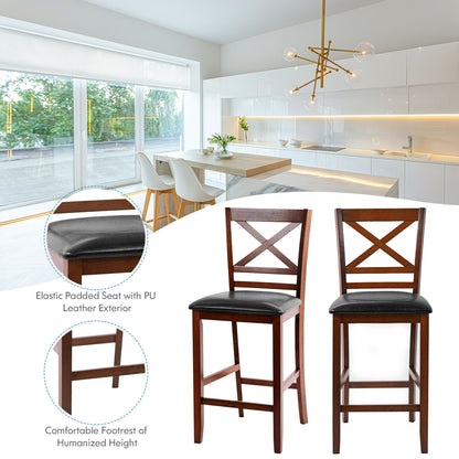 Set of 2 Counter Height Bar Stools with PU Leather Seat and Wooden X Backrest