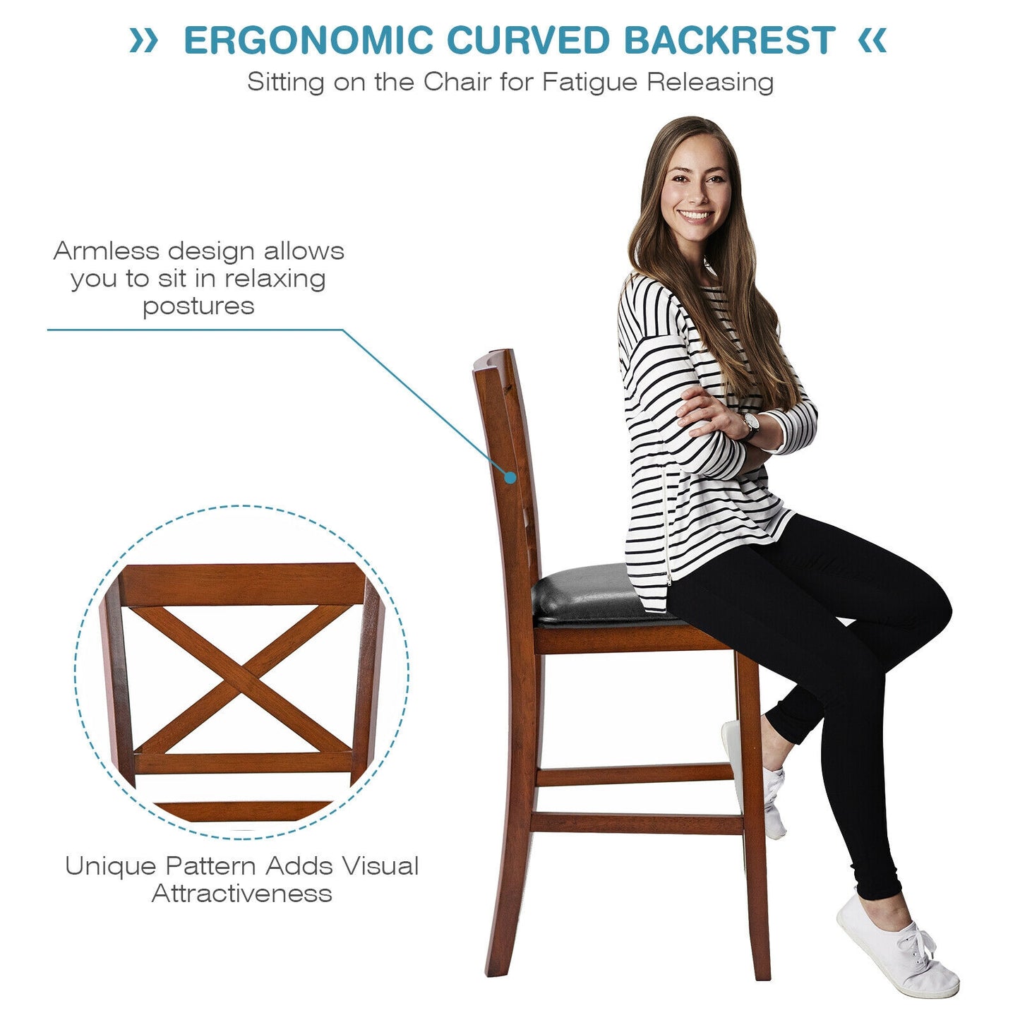 Set of 2 Counter Height Bar Stools with PU Leather Seat and Wooden X Backrest