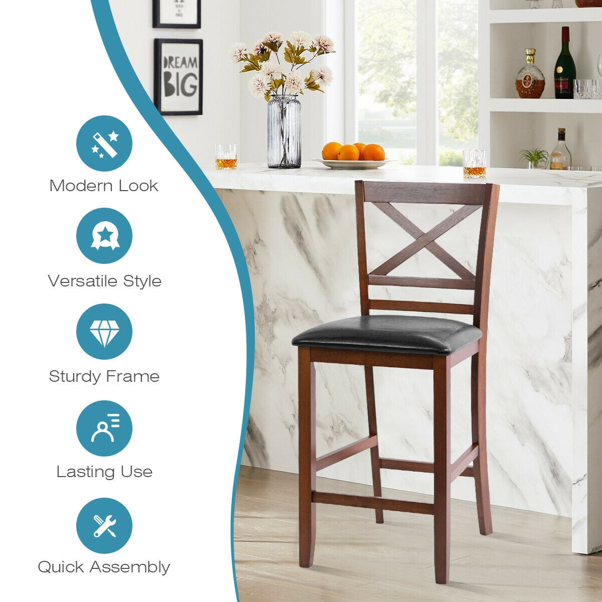 Set of 2 Counter Height Bar Stools with PU Leather Seat and Wooden X Backrest