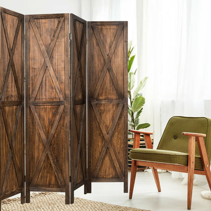 5.6 Ft 4 Panel Wooden Room Divider with Rustic X Design – Brown
