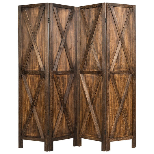 5.6 Ft 4 Panel Wooden Room Divider with Rustic X Design – Brown
