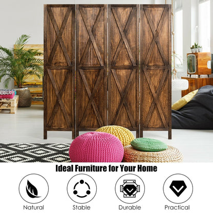 5.6 Ft 4 Panel Wooden Room Divider with Rustic X Design – Brown