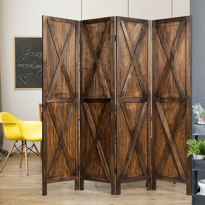 5.6 Ft 4 Panel Wooden Room Divider with Rustic X Design – Brown