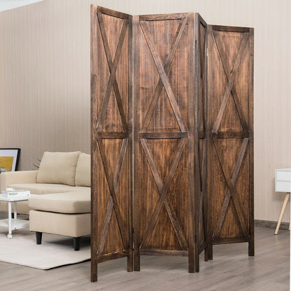 5.6 Ft 4 Panel Wooden Room Divider with Rustic X Design – Brown