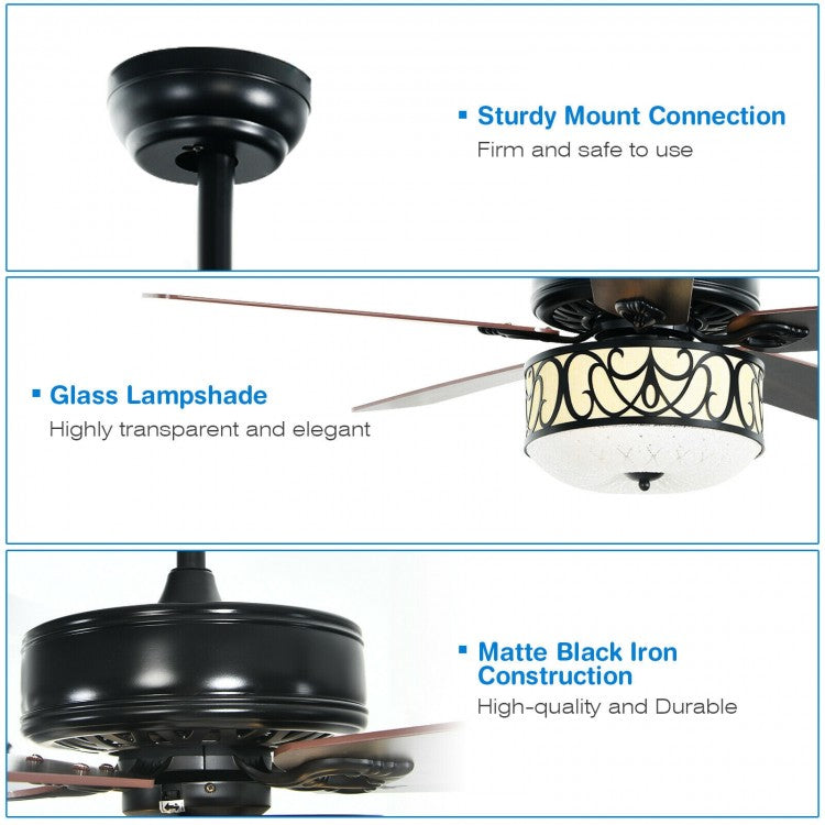 52 Inch Black Ceiling Fan with Light, Reversible Blades & Adjustable Speed Settings