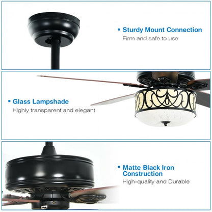 52 Inch Black Ceiling Fan with Light, Reversible Blades & Adjustable Speed Settings