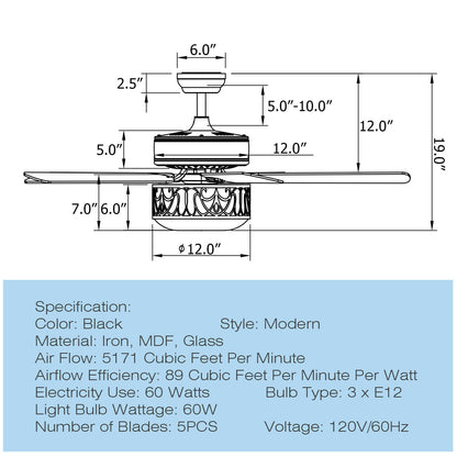 52 Inch Black Ceiling Fan with Light, Reversible Blades & Adjustable Speed Settings