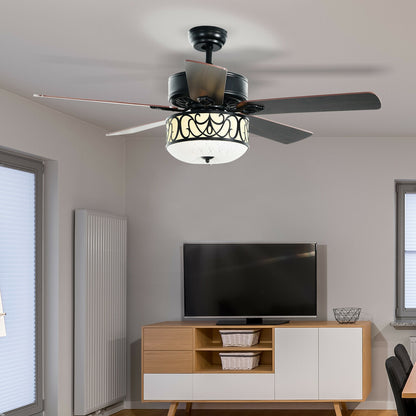 52 Inch Black Ceiling Fan with Light, Reversible Blades & Adjustable Speed Settings