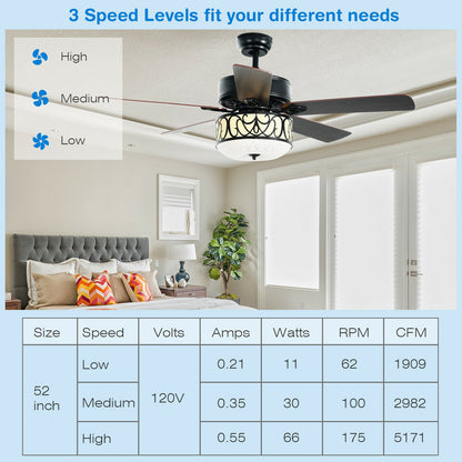 52 Inch Black Ceiling Fan with Light, Reversible Blades & Adjustable Speed Settings
