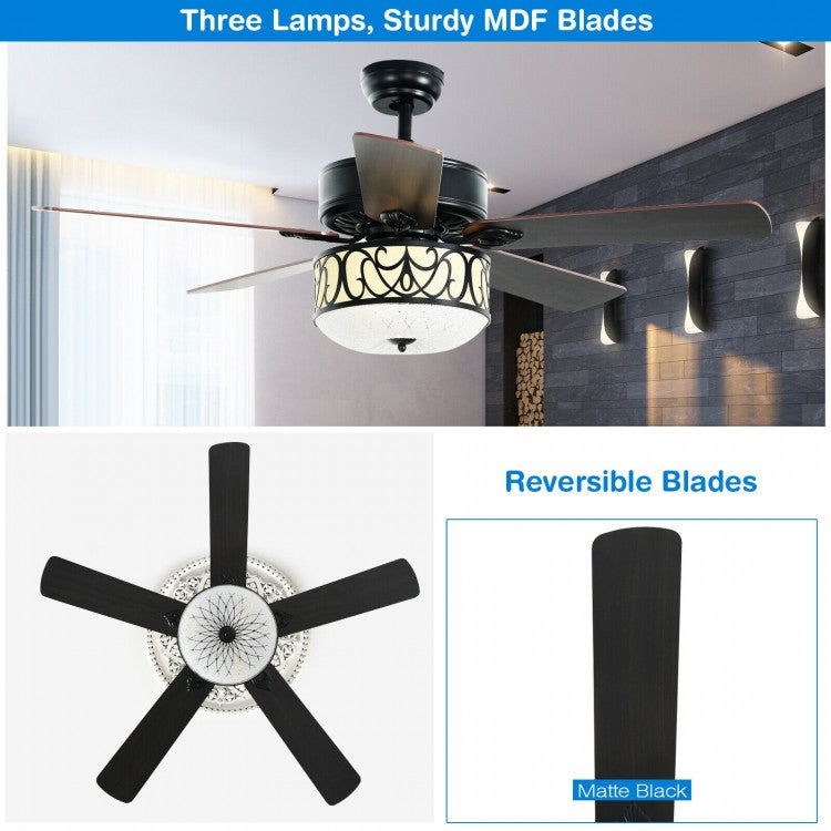52 Inch Black Ceiling Fan with Light, Reversible Blades & Adjustable Speed Settings